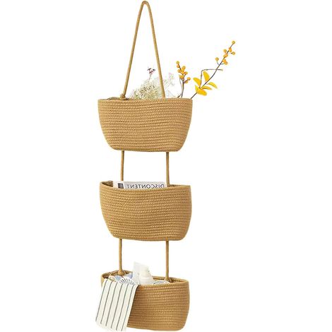 Panier suspendu à 3 étages - Grande décoration murale bohème - En coton - Panier de rangement mural avec poignée - Panier suspendu décoratif pour mur, salle de bain, chambre d'enfant