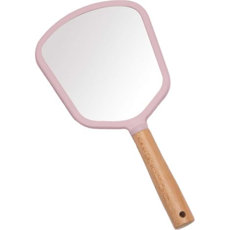 1 miroir de poche, avec poignée en bois, pour maquillage, cadre ABS, design rond/carré/éventail/cœur, usage salle de bain chambre bureau (1/5)