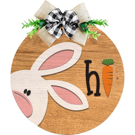 Panneau En Bois Accrochage Porte - Lapin De Pâques - Décoration Rustique Pour Porte D'Entrée Fenêtre Ou Intérieur - 30x30 cm (1/5)