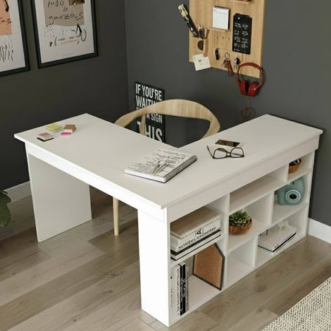 Dmora - Escritorio Angete, Escritorio multiusos, Mesa de oficina para PC, El plan de trabajo, 129x120h72 cm, Blanco, con embalaje reforzado (1/5)