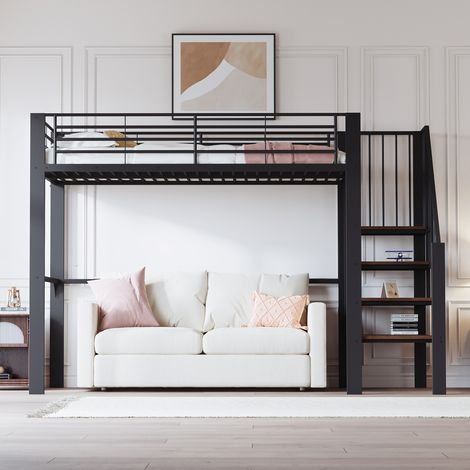 Lit mezzanine 90×200cm métal robuste,escalier avec rangement,grand espace sous le lit,meuble multifonctionnel pour optimiser l’espace