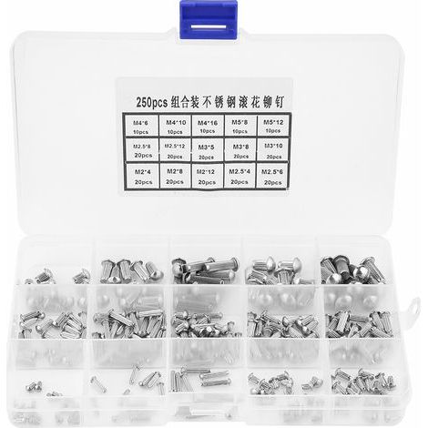 Assortiment de Rivets solides à tête ronde en acier inoxydable M2-M5, 250 pièces, tige moletée (1/5)