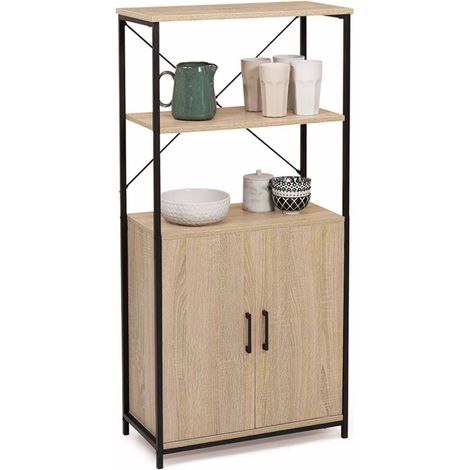 Idmarket – Buffet haut 2 portes H. 125 cm – Bi-matière bois et métal – 2 étagères ouvertes et 1 étagère fermée ajustable – Design industriel (1/5)