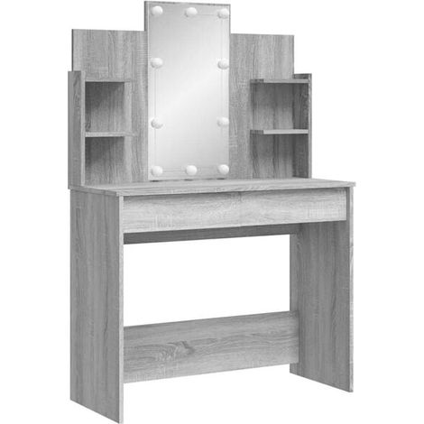 Coiffeuse avec Miroir et Éclairage LED Intégré, Meuble de Toilette Moderne en Bois Couleur Gris Sonoma, 96x40x142 cm, Grande Capacité de Rangement pour Chambre (1/5)