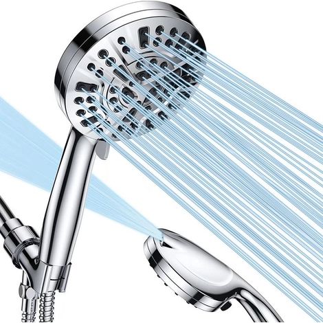 Pommeau de douche avec flexible, pommeau de douche carré à pression, pommeau de douche de remplacement universel réglable et puissant, pommeau de douche 10 modes avec flexible de 1,5 m, chrome (1/5)