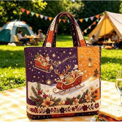New Retro Santa Claus Print Tote Bag - Reusable Holiday Shopping Bag - E -