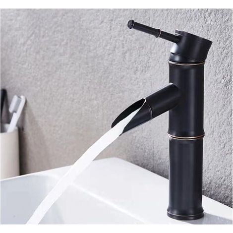 Bambusförmiger Wasserhahn, Wasserfall-Waschtischmischer, Einloch-Warm- und Kaltwasseranschluss, schwarz (Höhe: 208 mm) (1/5)