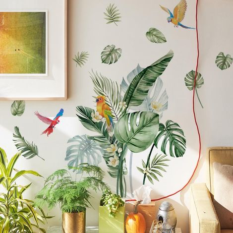Sticker mural trompette L feuilles tropicales vert feuilles de palmier fleurs oiseau autocollant amovible art mural pour salon, chambre à coucher, canapé, arrière-plan (1/5)