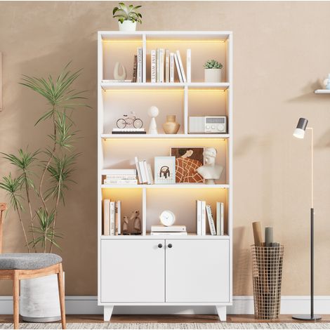 Estantería 80x30x173 cm de MDF y madera maciza con LED, 7 nichos y 2 puertas, blanco (1/4)