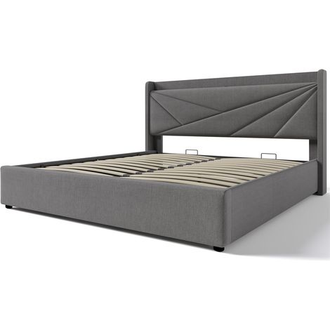 Lit capitonné gris avec tête de lit en lin avec chargeur USB Type C et sommier à lattes (sans matelas) - 160x200 cm (1/5)