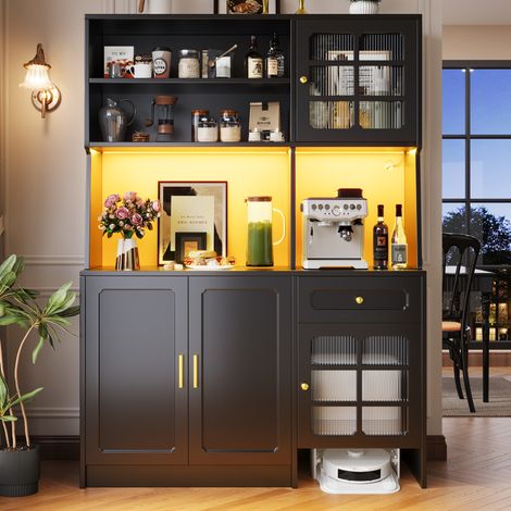 Credenza da cucina in MDF nera 130x45x180 cm con ante in vetro, cassetti, vani contenitore e luce LED (1/5)