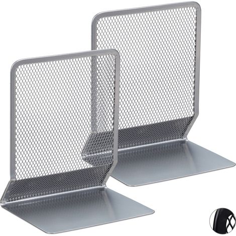 Relaxdays Set da 2 Fermalibri per Mensole, Supporti Libri, Reggilibri a Rete in Acciaio, HLP 16,5x13,5x10,5 cm, Argento (1/5)