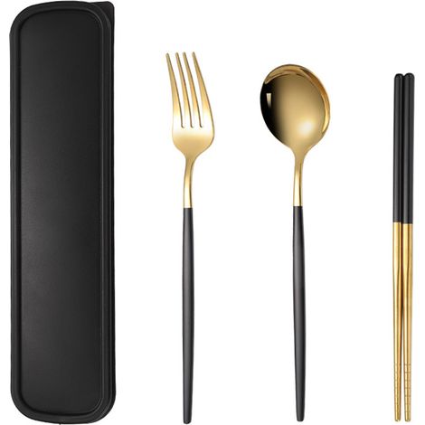 Couverts De Voyage En Acier Inoxydable - Cuillère Fourchette Baguettes - Pour Camping Et Randonnée - Lot De 3 Pièces Avec Boîte De Transport (1/5)