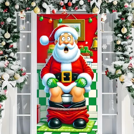Décoration de porte de Noël, autocollant de porte, tissu décoratif à suspendre, toile de fond pour décoration de fête, décoration de porte de chambre - 90 x 180 cm (perforé + ruban) - 68