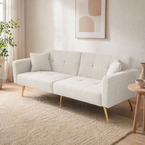Canapé convertible 175x64x72 cm blanc en mousse avec dossier réglable, poches latérales et pieds dorés (1/5)