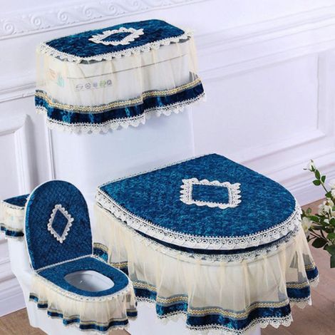 3 pièces Ensemble couvercle réservoir et siège toilette, Dentelle, Bleu, Universel, Salle de bain (1/5)