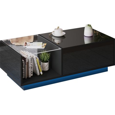 Table basse LED, table basse brillante, table de salon, table basse réglable en hauteur avec rangement caché et tablette, 50 x 100 x (33-46.5) cm (1/5)