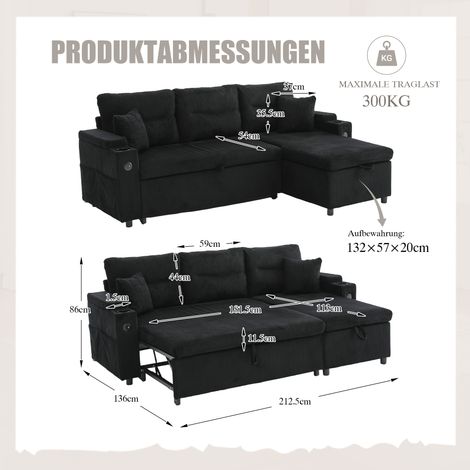 Canapé moderne 3 places velours côtelé avec rangement,porte-gobelets,USB-C,chaise longue hydraulique,design élégant.-Ha (1/5)