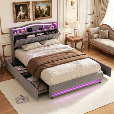 BLANKETSWARM - Lit double rembourré 160 x 200 cm, lit adulte 160x200 avec 4 tiroirs, lit capitonné avec tête de lit - ports USB et LED réglables - Velours Gris (1/5)