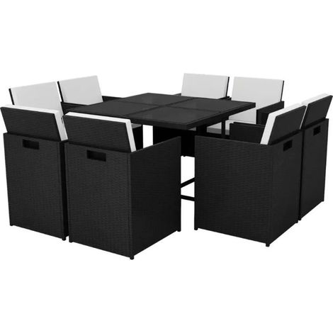 Table carrée et 8 chaises de jardin résine tressée noir plateau en verre Iris (1/4)
