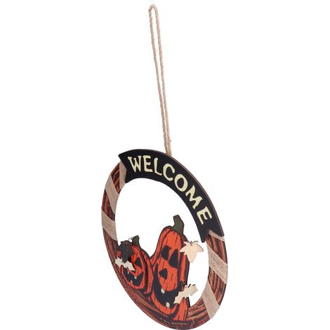 Panneau de bienvenue d'Halloween en bois avec motif de citrouille, décoration à suspendre pour une fête d'Halloween. (1/5)