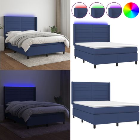 Sommier à lattes de lit matelas et LED Bleu 140x200 cm Tissu - Sommier Tapissier - Lit Avec Led - Matelas À Ressorts Ensachés - Têted Lit Ajustable - Éclairage Led - Home & Living (1/5)