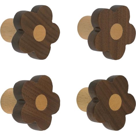 Lot de 4 boutons d'armoire en bois de noyer, poignées fleur, fixation murale ou meuble, pour chambre et salon