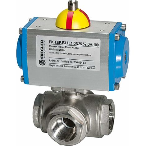 Riegler Edelstahl-Kugelhahn, pneumat. Stellantrieb doppeltwirk., T-Bohrung T1, Rp 1/2 (1/3)