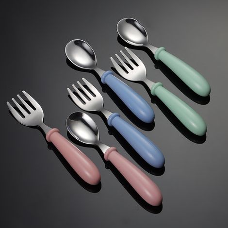 Ensemble de couverts pour enfants en acier inoxydable 6 pièces comprenant 3 fourchettes et 3 cuillères, idéal pour les bébés et l'école à la maison. (1/5)