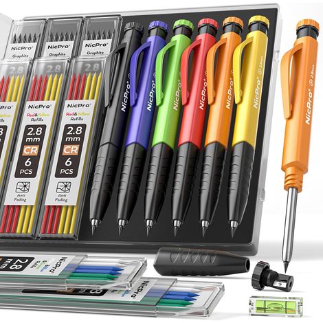 crayon chantier, 6 solides crayons menuisier avec 54 mines de rechange et mini niveau à bulle, marqueur pour trous profonds avec taille-crayon intégré, crayon charpentier (1/5)
