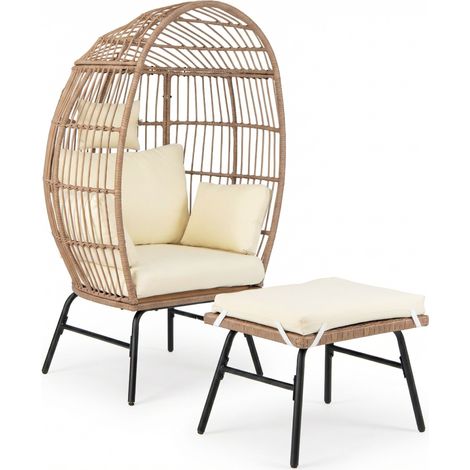 Fauteuil Œuf en Rotin PE avec Ottomane, Chaise d'Intérieur et d'Extérieur avec Coussins et Oreillers, Repose-pieds, pour Balcon, Porche, Salon (1/5)