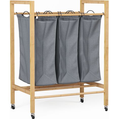 Bambus-Wäschekorb mit 3 Fächern und Rollen, 90 L, herausnehmbarer Sack (1/5)