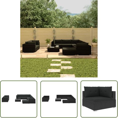 The Living Store Salon de jardin 10 pcs avec coussins Résine tressée Noir - Meubles De Jardin - Salon De Jardin - Set De Salon - Meubles En Rotin - Mobilier Extérieur (1/5)