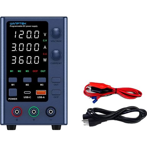 Alimentation de banc de laboratoire, tension réglable, design compact, Mémoire 120V 3A