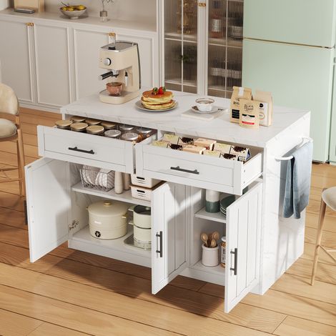 Mobile cucina isola centrale 120 x 60 x 91 cm con prese, USB, barra e vani, bianco DESVIAE (1/5)