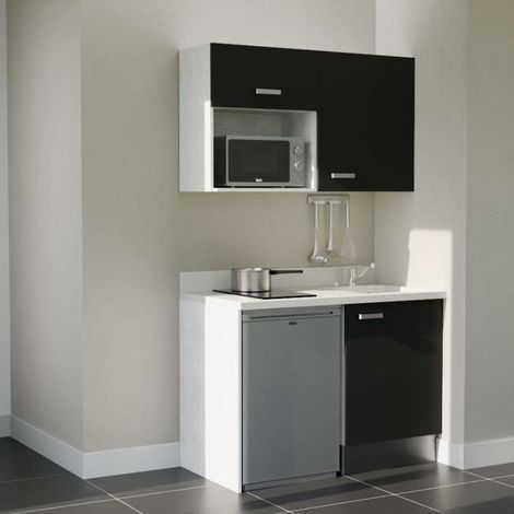 Kitchenette K07L - 120 cm - emplacements frigo top et micro-ondes-Noir-Snova-évier à droite