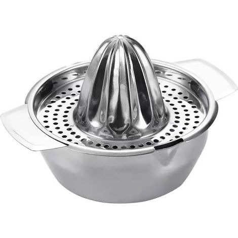 Zitruspresse aus Edelstahl mit Auffangschale – mit Sieb und Ausgießer – silber – für Zitronen, Limetten und Orangen (1/4)