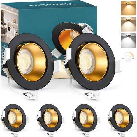 6X Spot LED Encastrable 230V Dimmable, 5W 550LM 3000K/4000K/6500K, Spot Plafond Orientable IP44, Réflecteur Profond, Module LED Amovible, 38°/120°, Trou Ø75-80mm, Noir Or (1/5)