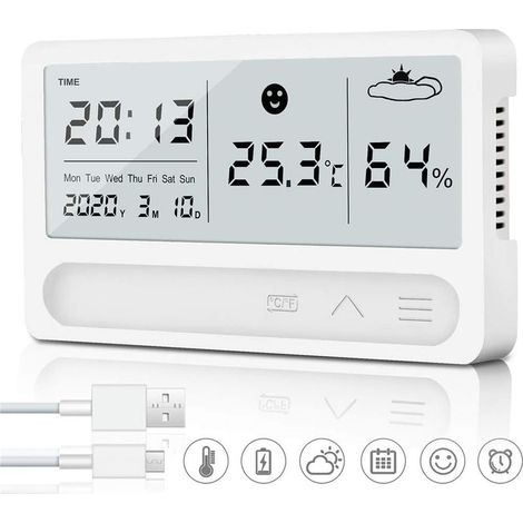 Hygromètre-thermomètre d'intérieur, thermo-hygromètre numérique rechargeable avec réveil et détection rapide en 2 secondes, hygromètre de haute précision pour chambre de bébé, bureau (1/5)