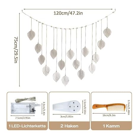 Décoration bohème - Tenture murale en macramé blanc - Tapisserie chic - Guirlande à franges avec guirlande lumineuse LED - Tissée à la main - Décoration murale bohème pour salon, balcon (1/4)