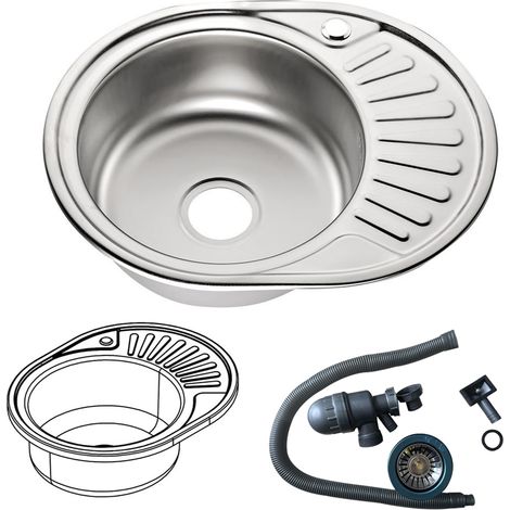 Fregadero de cocina Redondo encastrado Acero inoxidable 57CM redondo con bandeja con un seno Lavamanos empotrado Accesorios fregadero