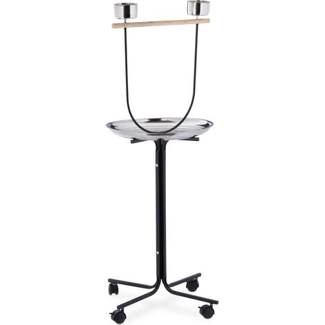 Posatoio per uccelli mobile XL 100 x 40 x 60 cm con ruote 2 mangiatoie e vassoio raccoglitore in legno naturale 130010144