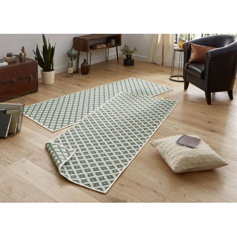 Tapis d'extérieur réversible résistant aux intempéries Motif géométrique Moderne pour Balcon, terrasse, Jardin, Jardin d'hiver, Salon, imperméable, en Vert, crème, 80 x 350 cm (1/5)