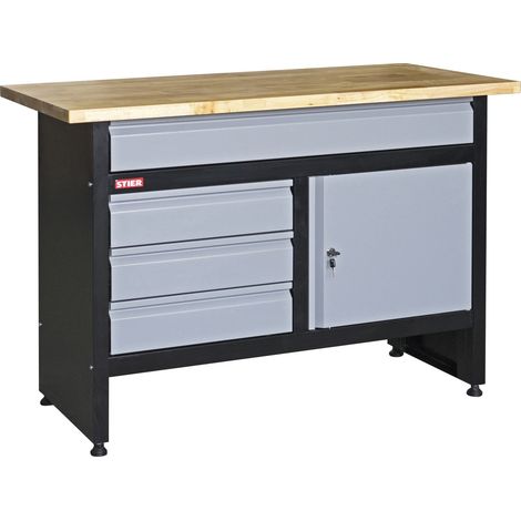 STIER Werkbank Basic, 4 Schubladen, Belastbarkeit 300 kg, BxTxH 1200x600x840 mm, mit Pulverbeschichtung