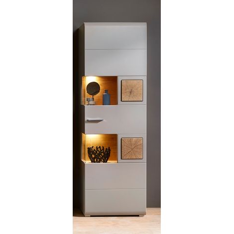 Glasvitrine FARO-36 in basalt mit Absetzungen in Eiche Hirnholz Nb. und LED Beleuchtung, B/H/T: ca. 65/205/37 cm (1/4)