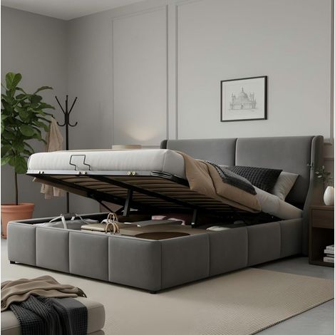 Letto con contenitore in velluto grigio 160x200 cm, matrimoniale con alzata idraulica (1/5)