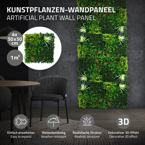 ECD Germany Künstliche Pflanzenwand Paneele Indoor Outdoor 4er Set 50x50 cm Kunstpflanzen Wandpaneele Blumenwand Sichtschutz Wandpflanzen Deko, wetterfest, pflegeleicht & langlebig, Grün, Sunburst