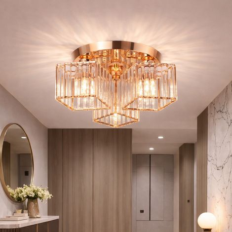 Lustre Classique Moderne 3XE27 Metal et Cristal Dore Abat Jour (1/5)
