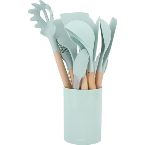 Ensemble de 11 ustensiles de cuisine résistants à la chaleur, design sans couture, antiadhésifs et agréables au toucher. Spatules incluses, vert clair.