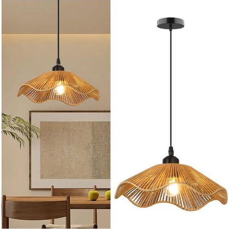 Lustre bohème avec ampoule, suspension en rotin faite main, lustre de chevet vintage, Plafonnier suspendu, lumière chaude 3000K, φ30cm (1/4)